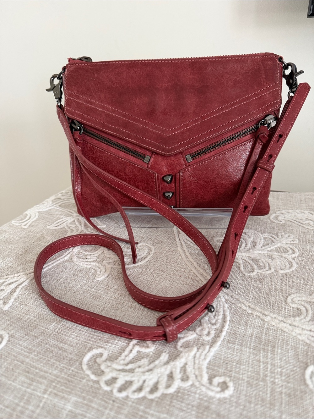 Botkier Trigger Burgundy Red Distressed Leather Crossbody Bag w/studded accents